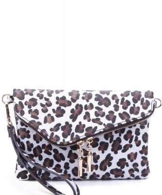 White Leopard Envelope Foldover Clutch Crossbody Bag LE023 WHITE BROWN